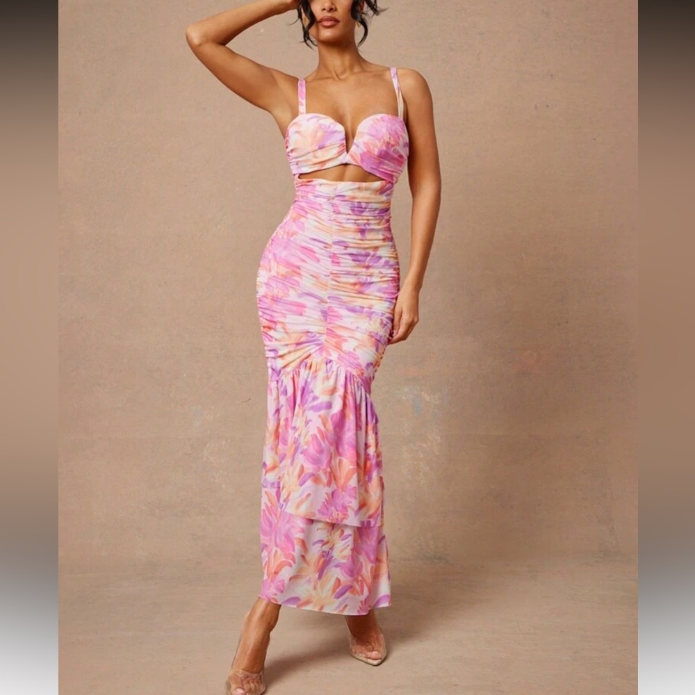 Elegant Pink and Yellow Floral Wedding Dress